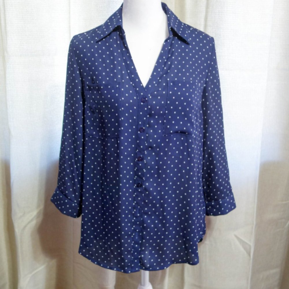 Fortune and Ivy Blouse Blue with White Polka Dots Size Small